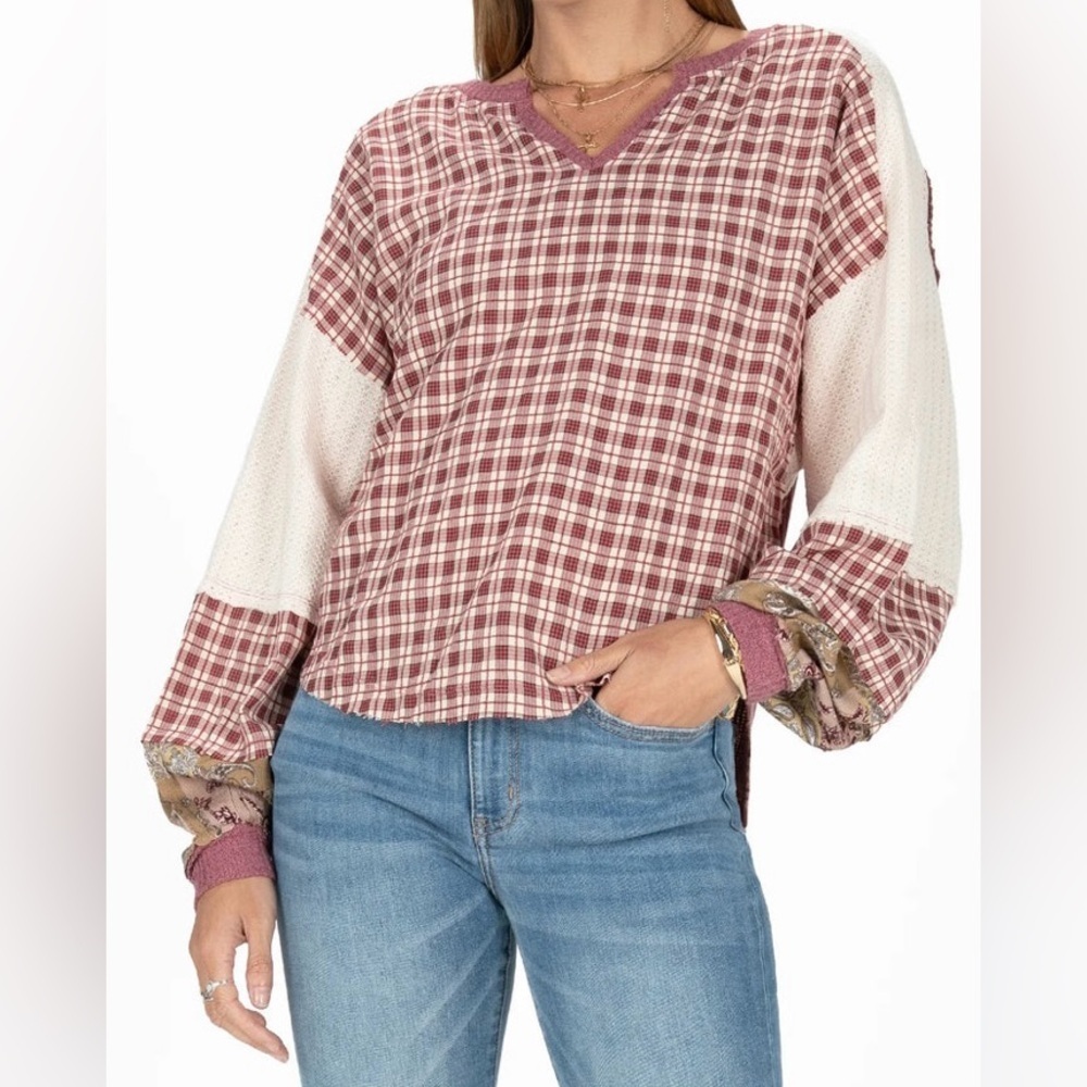 Miss Me Plaid Paisley Mixed Media Waffle Knit Long Sleeve Top Size M